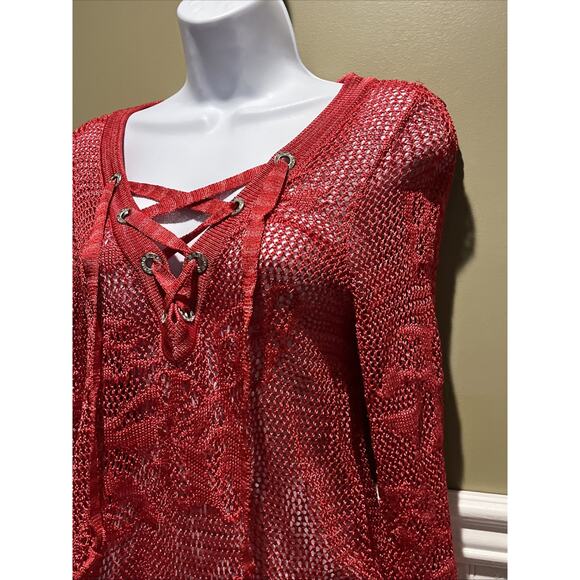 Inc International Concepts Top Womens M Red Mesh Asymmetrical Crochet Cover Up - Picture 5 of 7